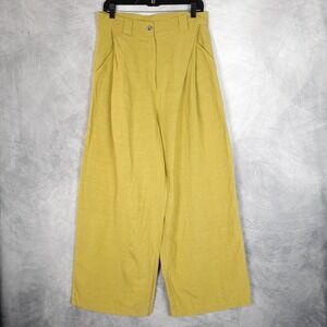 OZAI N KU Mandala Pants Womens Large Yellow Wide Leg Linen Rayon Pleated Casual